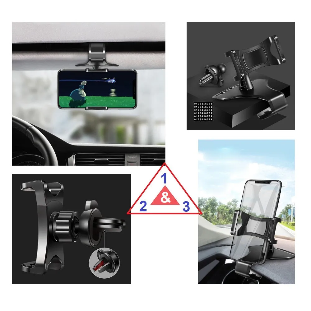 3 in 1 Car GPS Smartphone Holder: Dashboard / Visor Clamp   AC Grid Clip for Goclever Quantum 3 550 Rugged (2019) - Black
