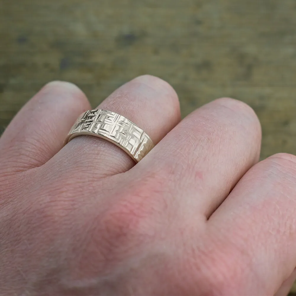8mm 14k White Gold Textured Mens Wedding Band, High Polished