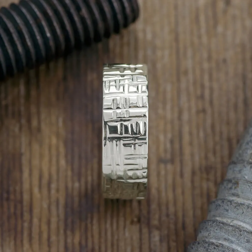 8mm 14k White Gold Textured Mens Wedding Band, High Polished