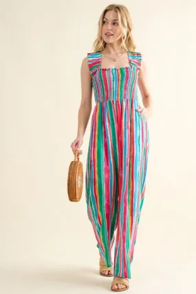 ONLINE EXCLUSIVE  Striped Smocked Sleeveless Jumpsuit