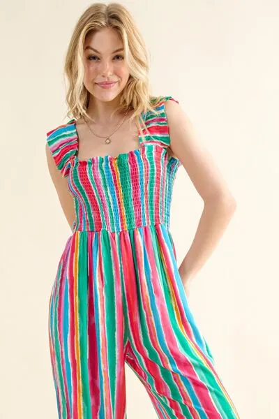 ONLINE EXCLUSIVE  Striped Smocked Sleeveless Jumpsuit