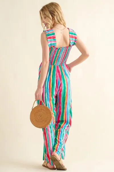 ONLINE EXCLUSIVE  Striped Smocked Sleeveless Jumpsuit