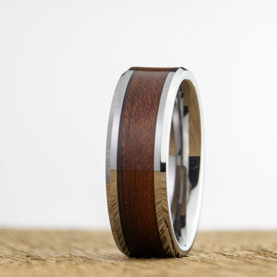 "The Woodsman" Beveled edge Tungsten ring with Acacia wood inlay