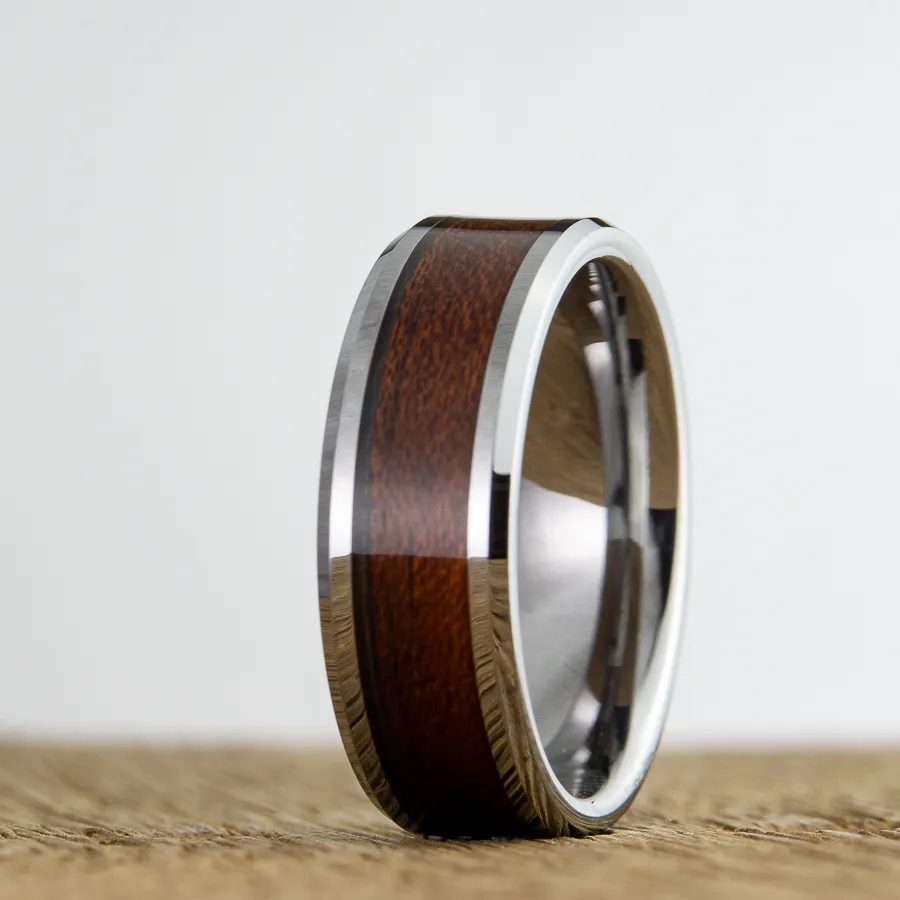 "The Woodsman" Beveled edge Tungsten ring with Acacia wood inlay