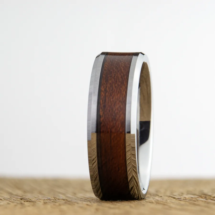 "The Woodsman" Beveled edge Tungsten ring with Acacia wood inlay