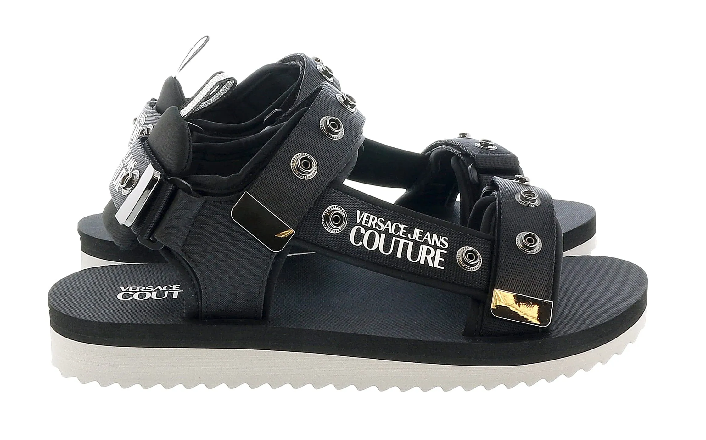 Versace Jeans Couture Black Silver Silver Riveted Strap Trek Fashion Sandal-