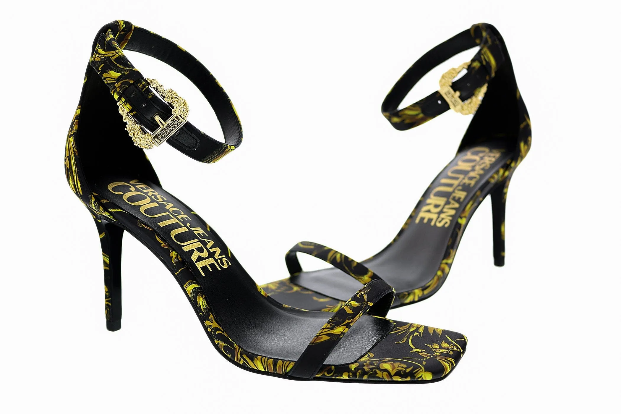 Versace Jeans Couture Black/Gold High Heel Baroque Print Ankle Strap Sandal