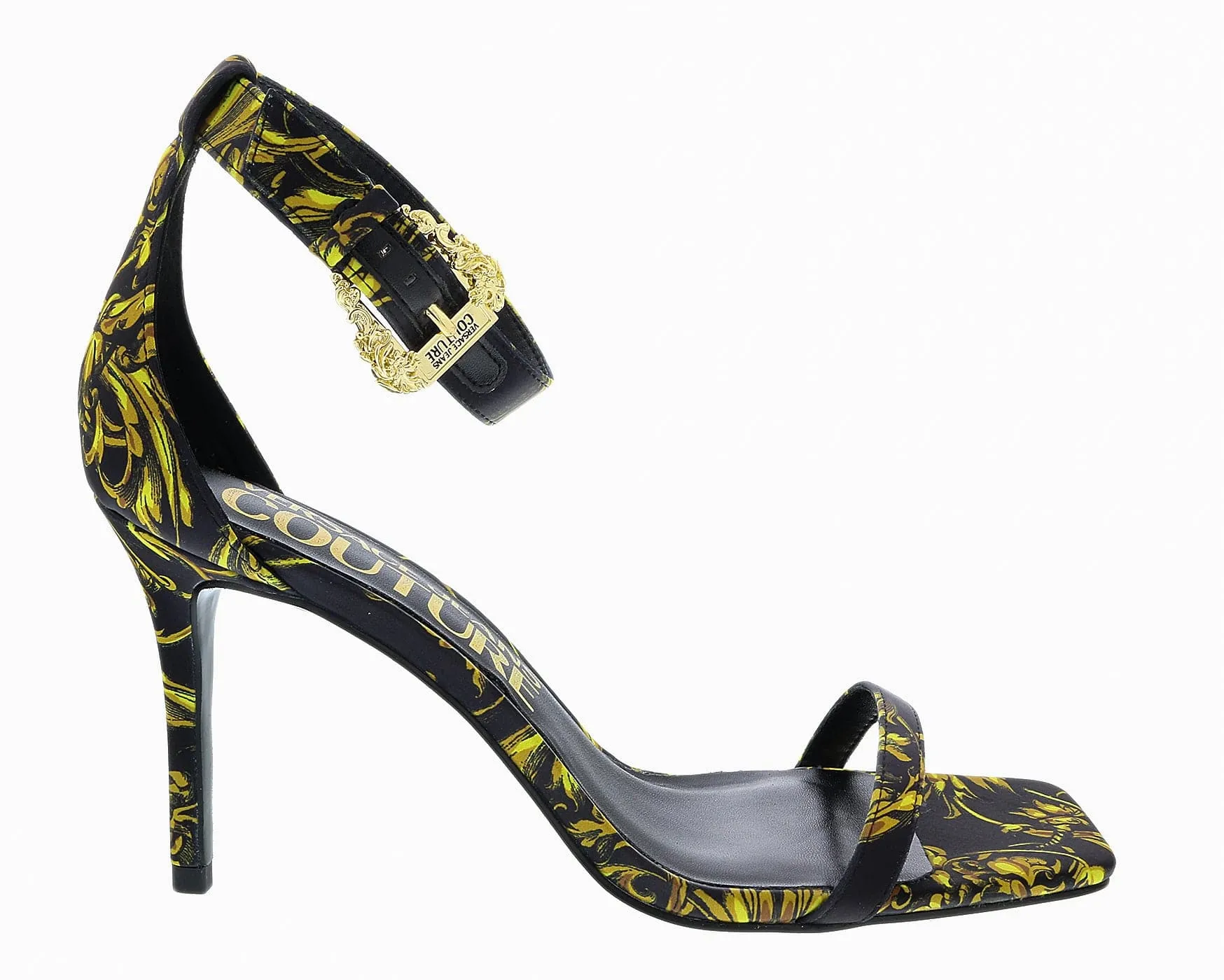 Versace Jeans Couture Black/Gold High Heel Baroque Print Ankle Strap Sandal
